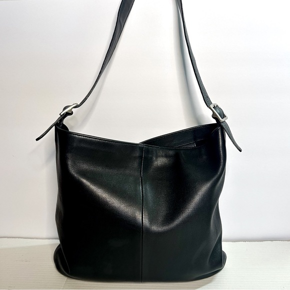 Coach Handbags - Vintage COACH All Leather Large Black Leather Slim Shoulder Tote Bag #9406